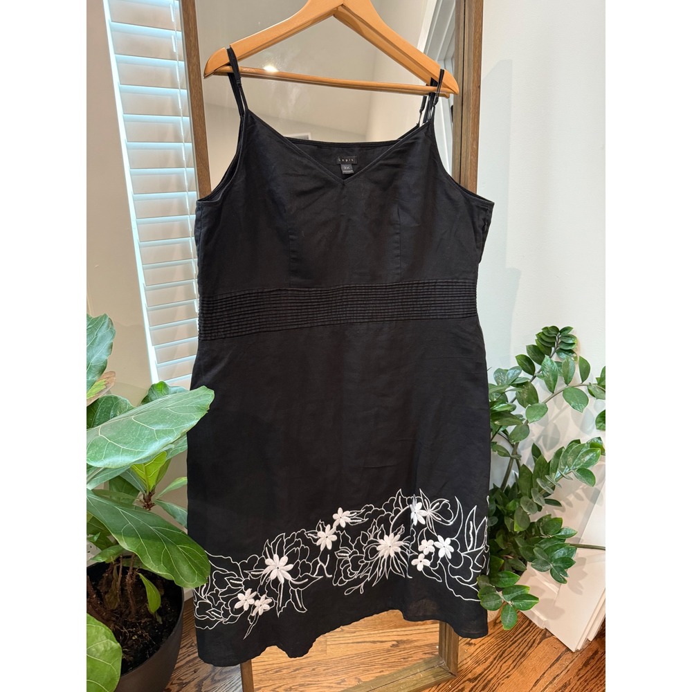 Lapis Black Spaghetti Strap Embroidered Floral Dress Plus Size 3X Resort Linen